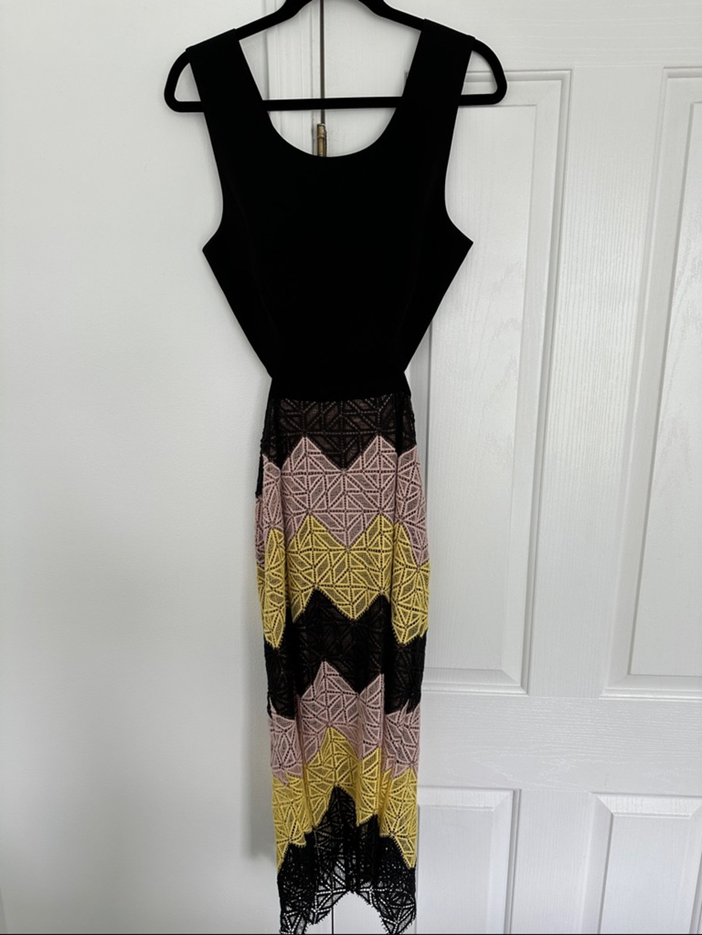 BCBG Sleeveless Black Maxi Dress with Geometric Pink and Yellow Skirt